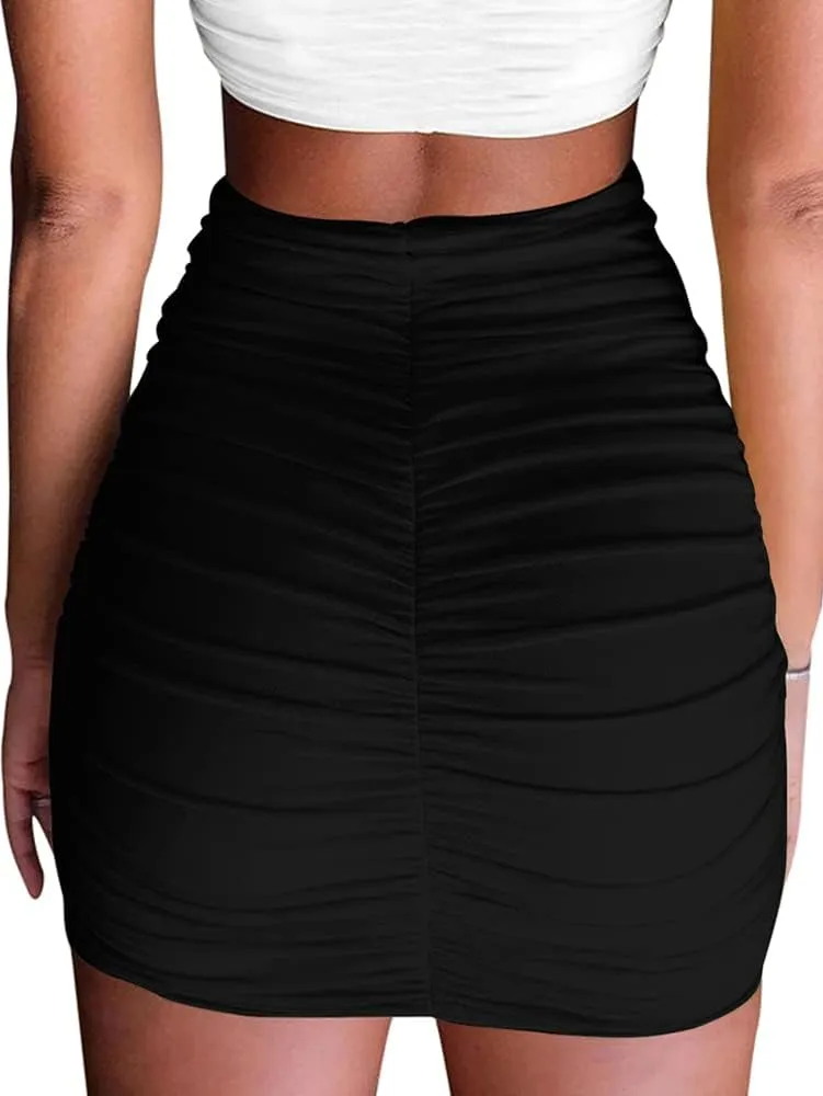 Women's Stretch High Waist Ruched Bodycon Double Layer Casual Mini Skirt