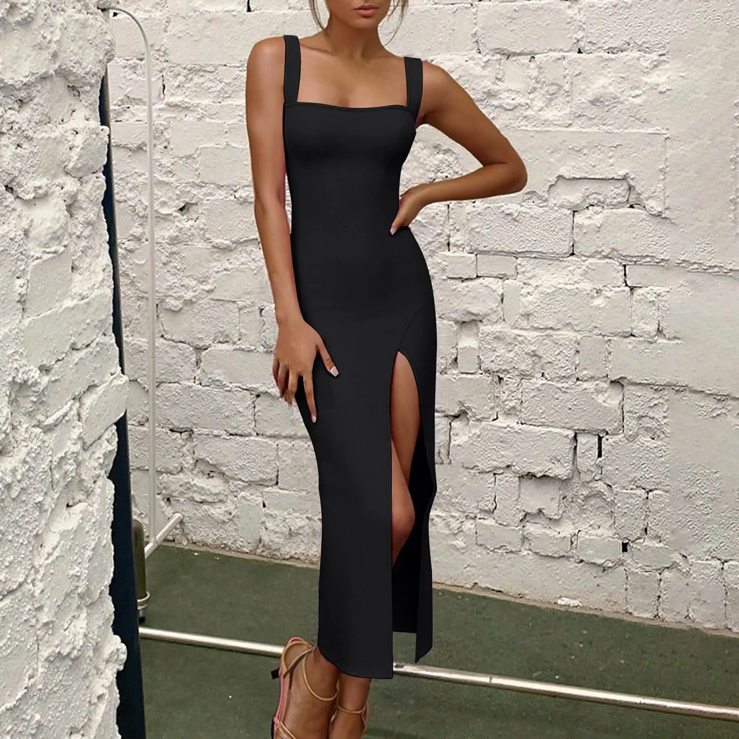 Xiaojmake Square Neck Bodycon Long Dress Sleeveless High Slit Cocktail Party Dresses Casual Summer Beach Vacation Dress 2025