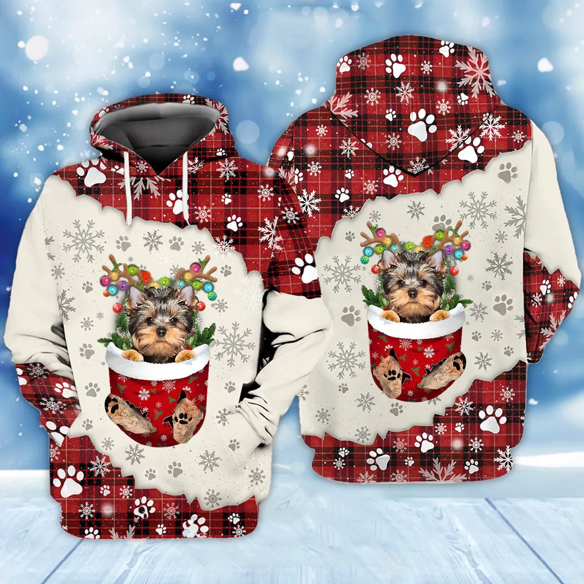 YorkShire Terrier In Snow Pocket Merry Christmas Unisex Hoodie